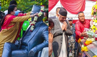 पुर्व राष्ट्रपति भण्डारी र एमालेका अध्यक्ष ओलीद्वारा मदन भण्डारीको शालिकमा माल्यापर्ण