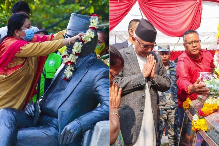 पुर्व राष्ट्रपति भण्डारी र एमालेका अध्यक्ष ओलीद्वारा मदन भण्डारीको शालिकमा माल्यापर्ण