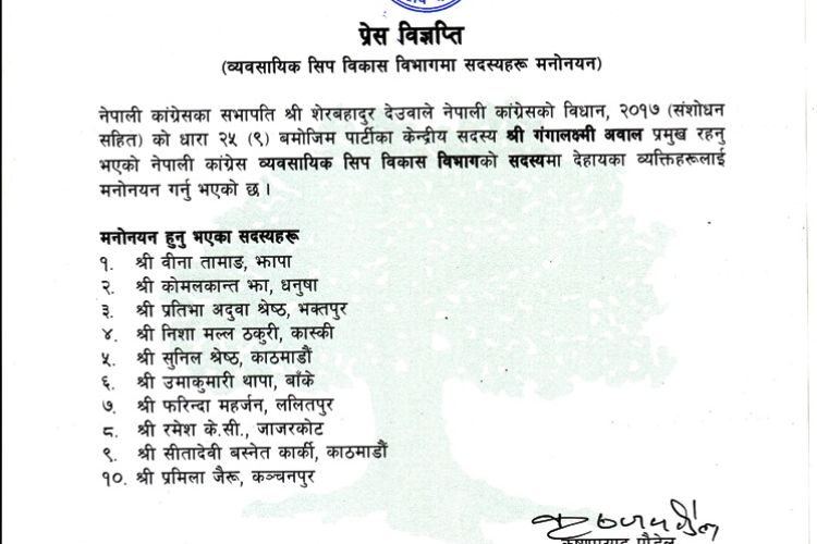 कांग्रेसको व्यवसायिक सिप विकास विभागमा १० सदस्य मनोनित