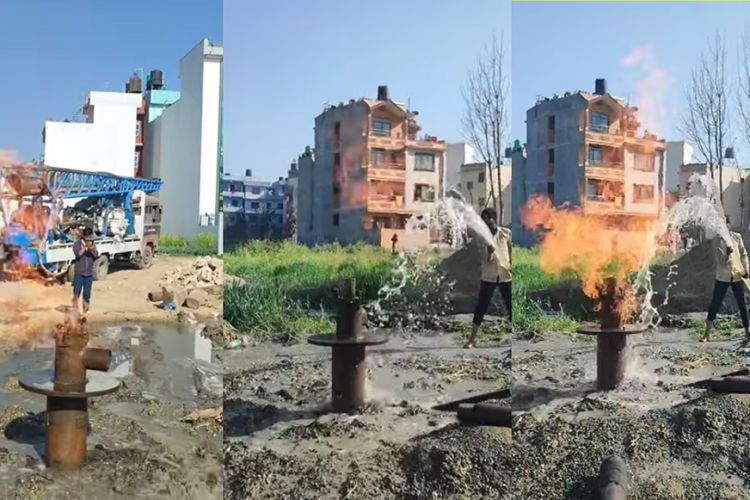 ललितपुरको टिकाथलीमा पानीको बोरिङ खन्दा निस्कियो आगो